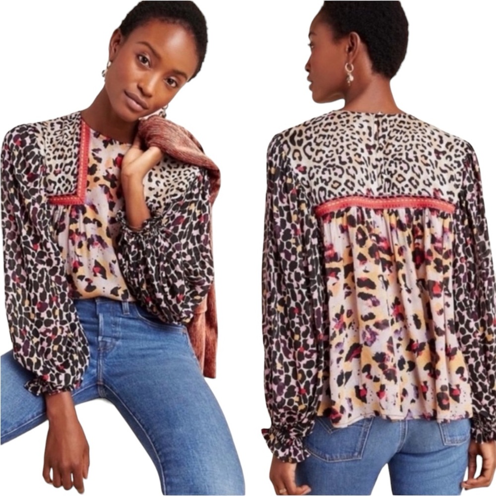 Anthropologie Bl^nk London Joelle Leopard Balloon Sleeve Peasant Top Medium M